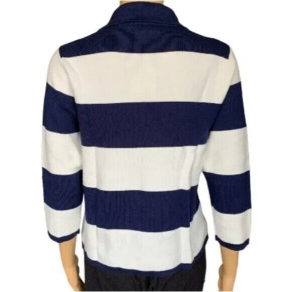 Lands End Nautical Stripe Cardigan Jacket Womens L Double Breasted Navy Cotton - Picture 2 of 13